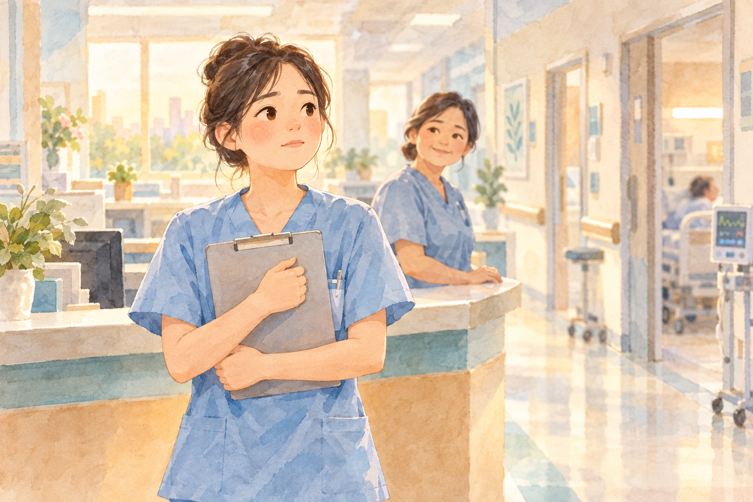 護理新人抱著板夾站在護理站旁，資深學姊在後方微笑看著她，燈光溫暖