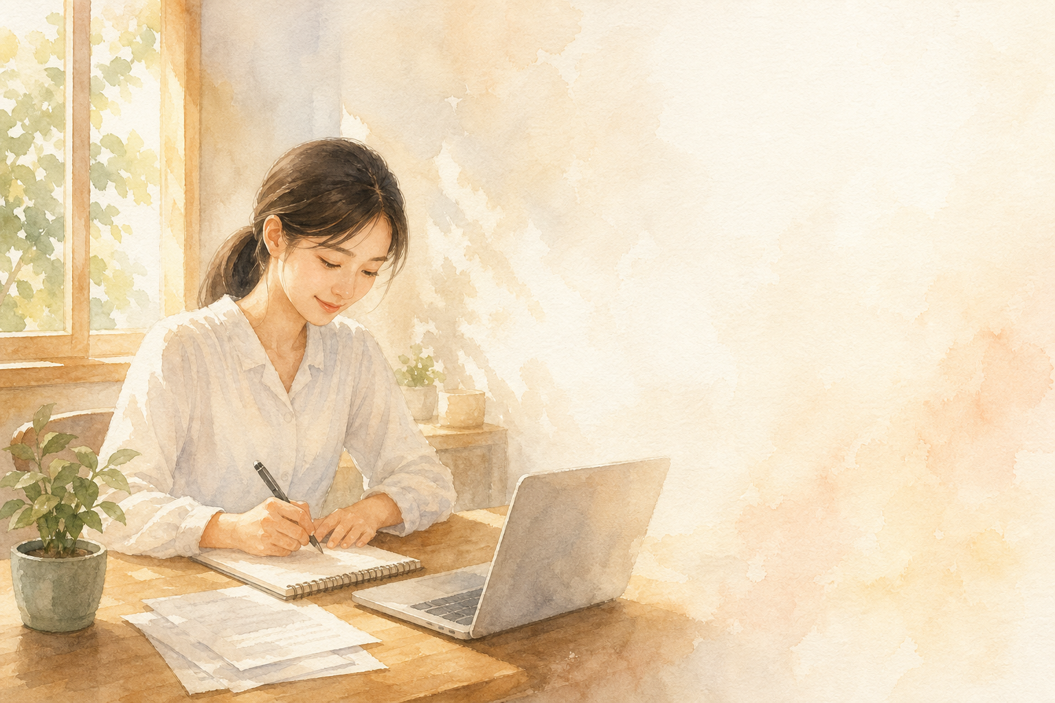應屆護理系畢業生坐在窗邊書桌前,一邊看資料一邊寫履歷